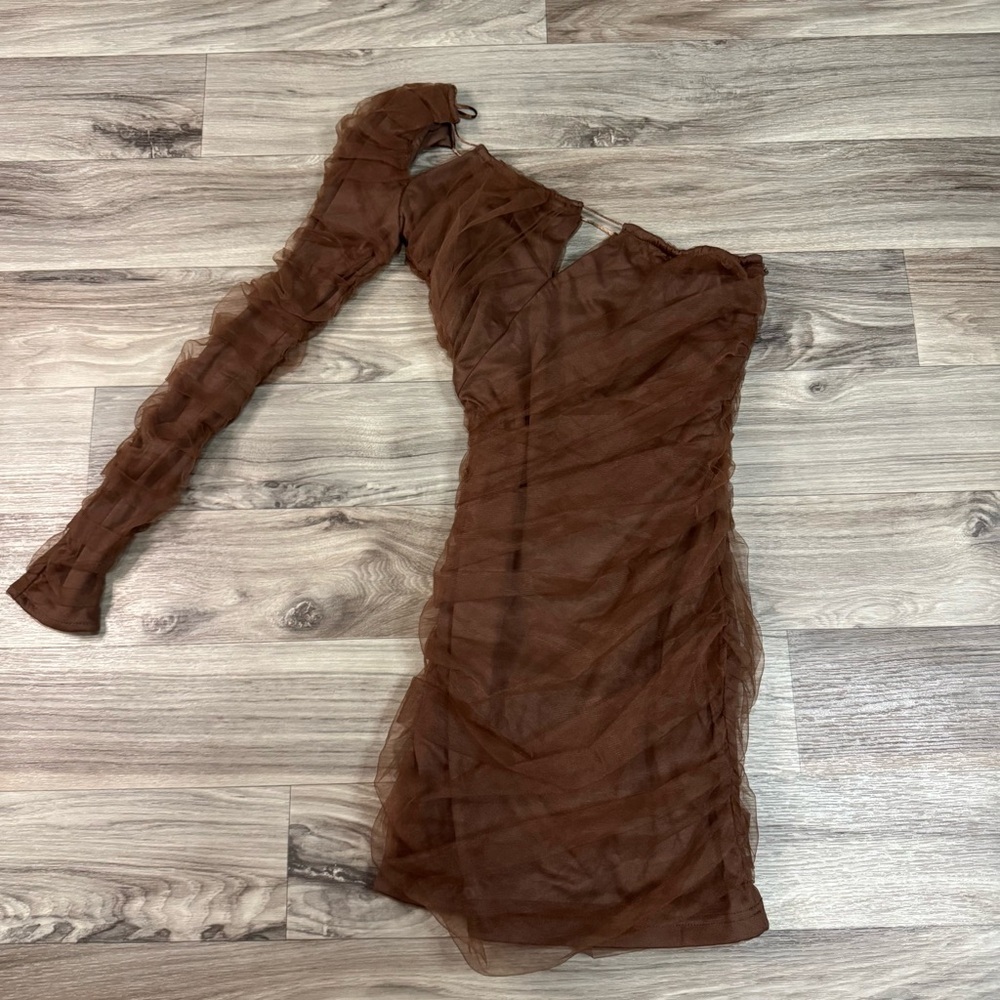NWT Zara Brown Cut-Out Tulle Asymmetric Mini Dress in Brown Size Extra Small